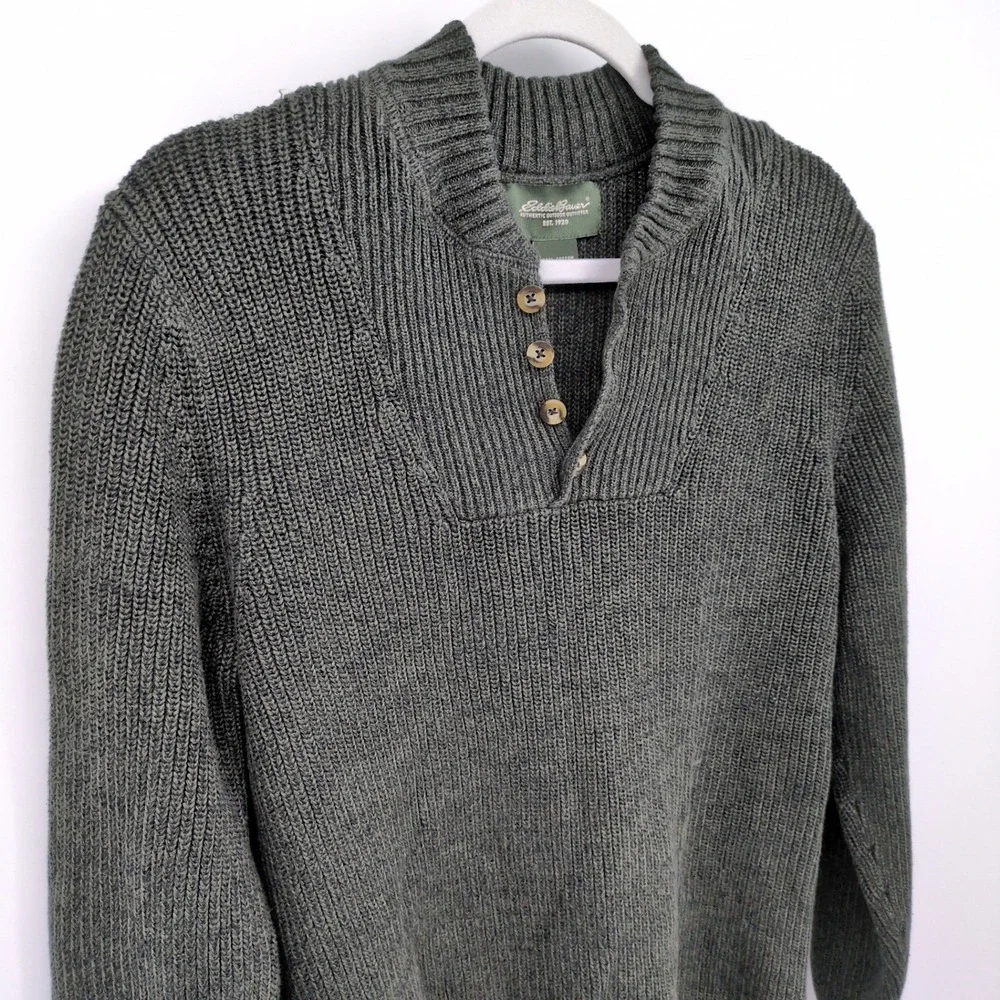 Eddie Bauer Men's Shawl‎ Collar Sweater Green 100% Cotton Small Chunky Outdoor - Picture 3 of 10